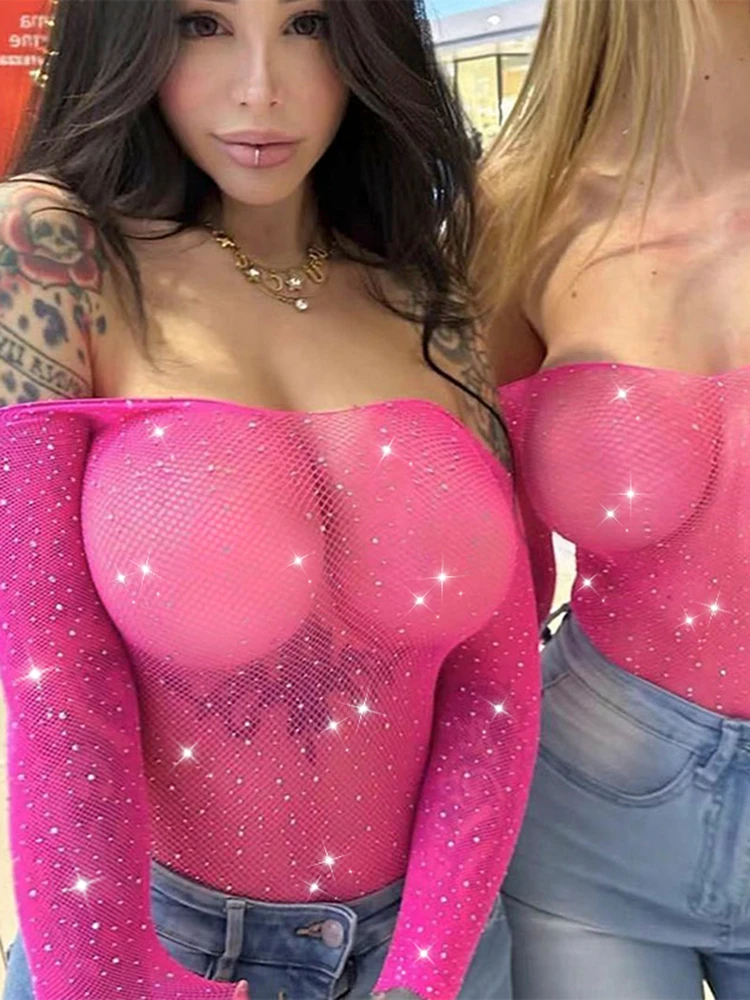 Fashion Sexy Lingerie Fishnet Bodysuits Sexy Perspective Diamonds Porno Costume Sexy Women Open Body Lace Bodysuit Streetwear