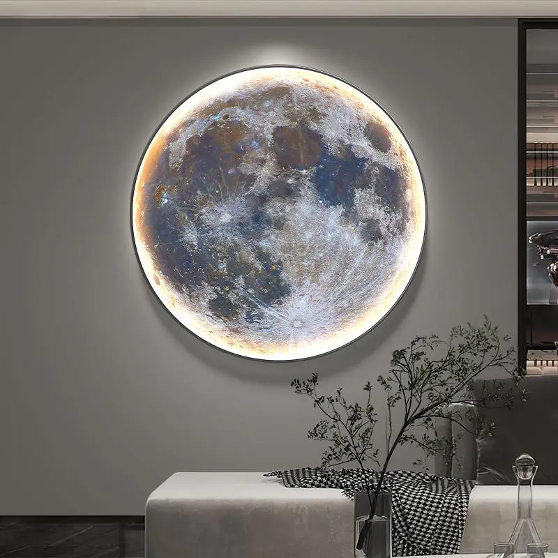 Modern Light Luxury Moon Planet Porch Bedroom Circular Decorative Painting Living Room Sofa Background Wall LED Light Wall Mural
