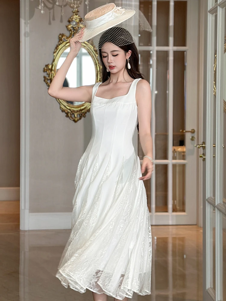 Elegante Dameskleding Kant Vrouwen Witte Sling Maxi Jurk Sexy Vierkante Hals Slanke Formele Feestjurk Gewaad Mode Vestidos Mujer Nieuw