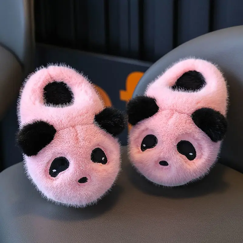 New Winter Kids Anti Slip Warm Panda Slippers Thickened Cotton Footwear for Girls Home Use Non Slip Sole Indoor Shoes