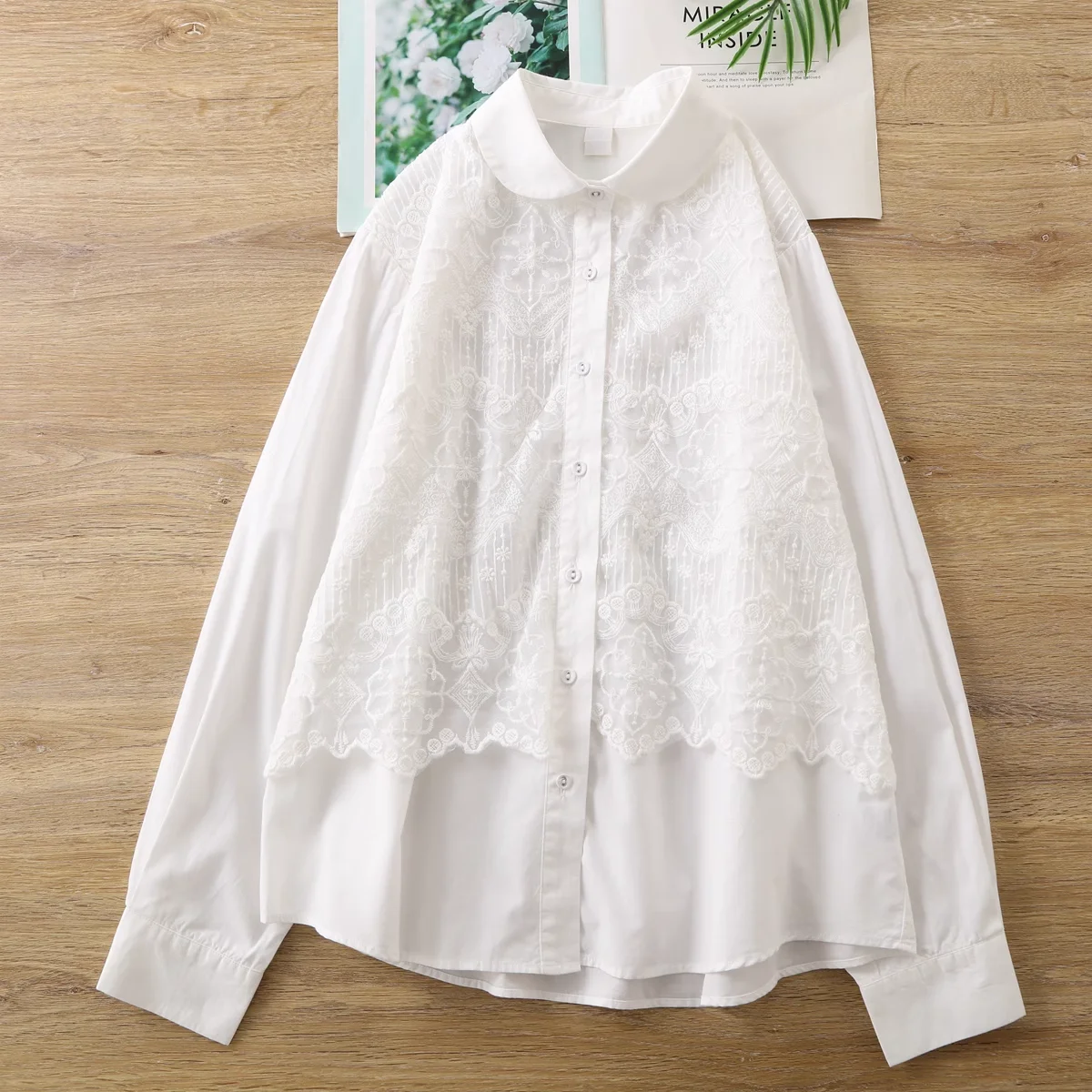 

Designer luxury women's clothing Japan fashion peter pan collar lace embroidery patchwork white shirts cotton ladies tops