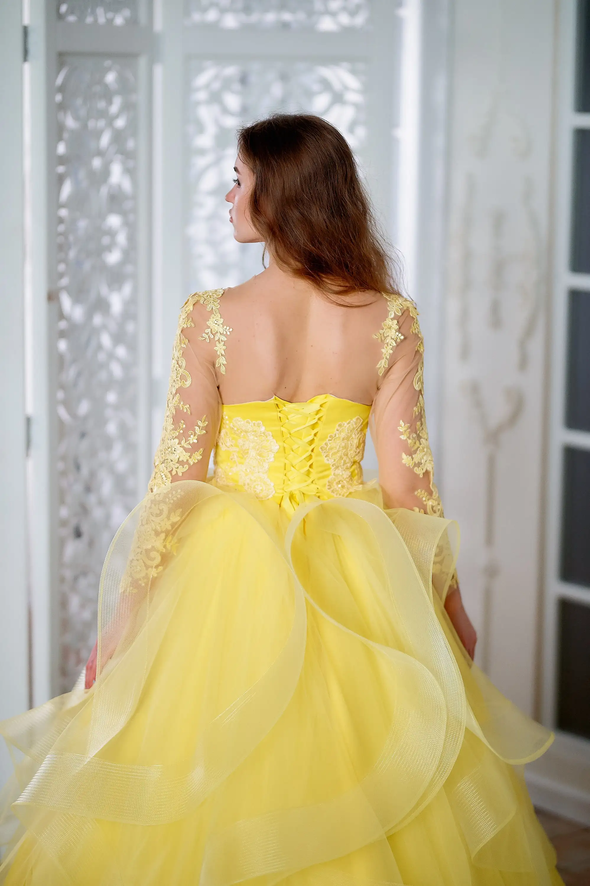 Yellow Mother Daughter Matching Dress Tulle Lace Mommy and Me Outfits Photo Session Kids Birthday Party First Communion Gowns