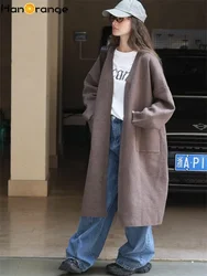 HanOrange 2024 Autumn Winter Casual Lazy Knitted Cardigan Women Delicate Skin Friendly Loose Silhouette Long Jacket Grey/Apricot