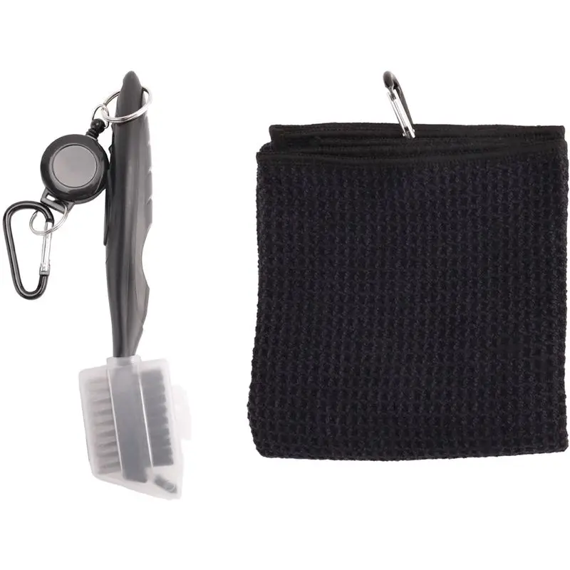 

ABVB-2X Pure Cotton Golf Towel Brush Tool Kit With Club Groove Cleaner Retractable Extension Cord And Clip(Black)