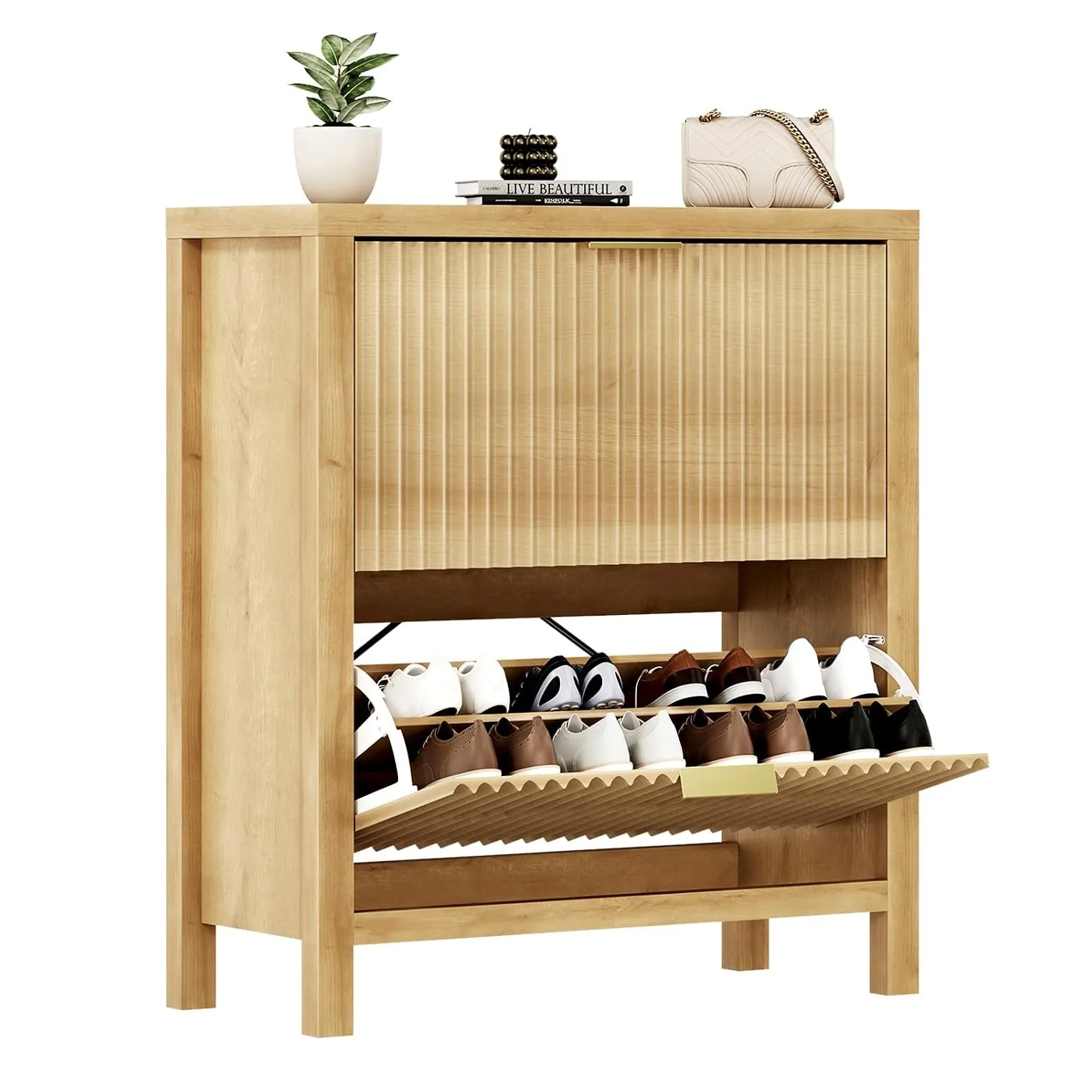 31.5" Wood Fluted Shoe Cabinet with 2 Flip Drawers & 4 Thickened Wood Legs Hidden Shoe Storage, Custom