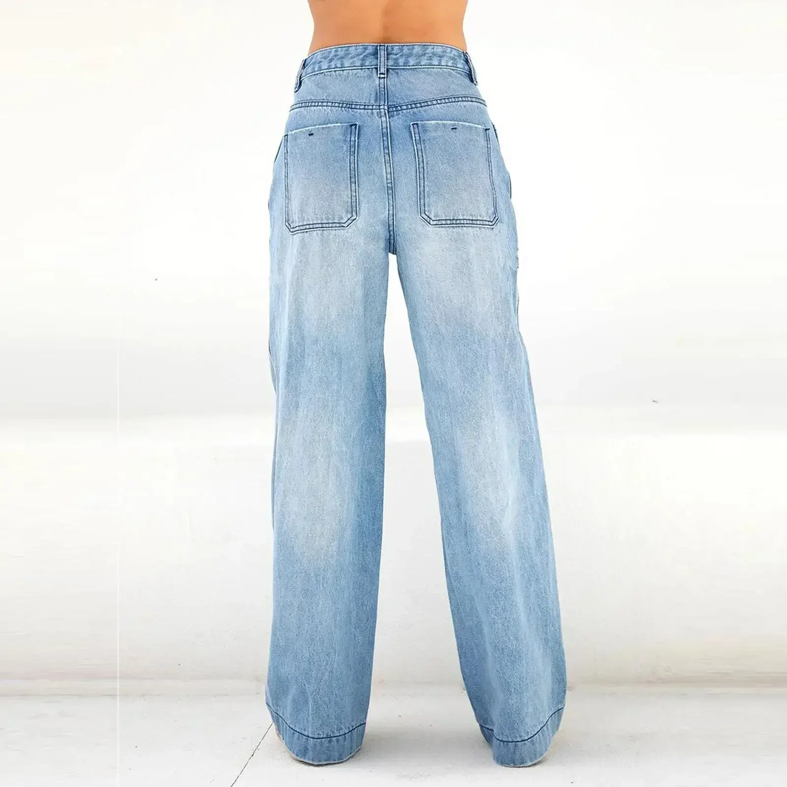 Women Jeans Solid Denim Wide Leg Pants Pockets Loose Mid Waist Ankle Length Washing Zipper Fly Slight Strech High Street