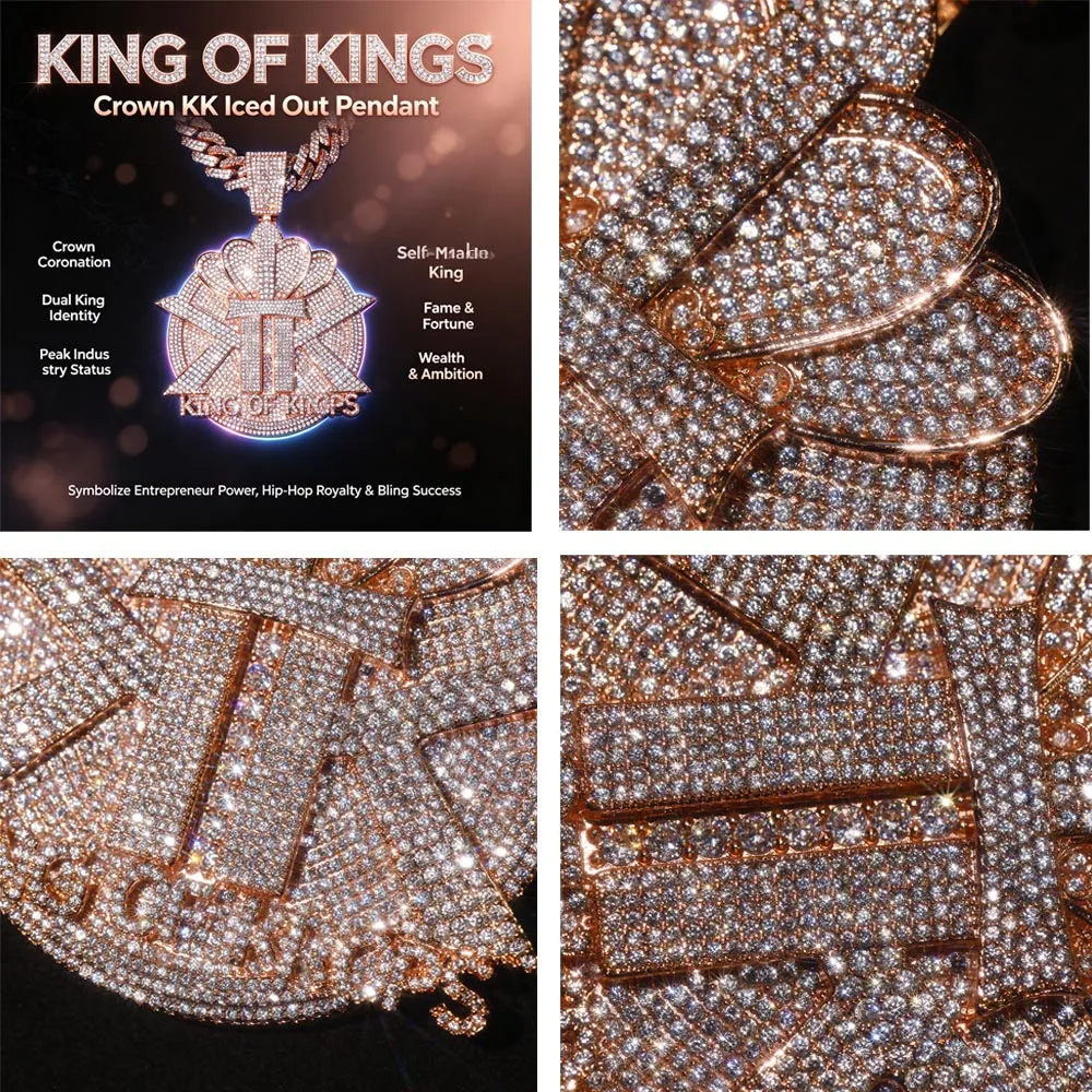 Pendentif Couronne 'King of Kings' entièrement serti de zircons cubiques 5A, Collier Hip Hop, Accessoires, Bijoux fins, Cadeaux pour Hommes, Femmes, Garçons, Amis, Rappeurs, Entrepreneurs, Cadeau urbain, Mèdes à bords étoilés, Médaille ronde Ambition, Richesse, Fortune, Plaqué or rose 18K