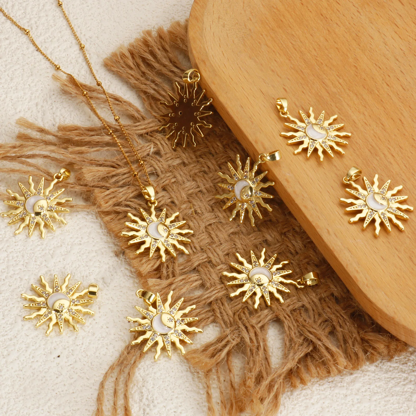 1 Piece Classic Brass Sun Pendants For Jewelry Making 18K Gold Plated White Enamel Clear Cubic Zirconia Galaxy Charms 3 x 2.3cm