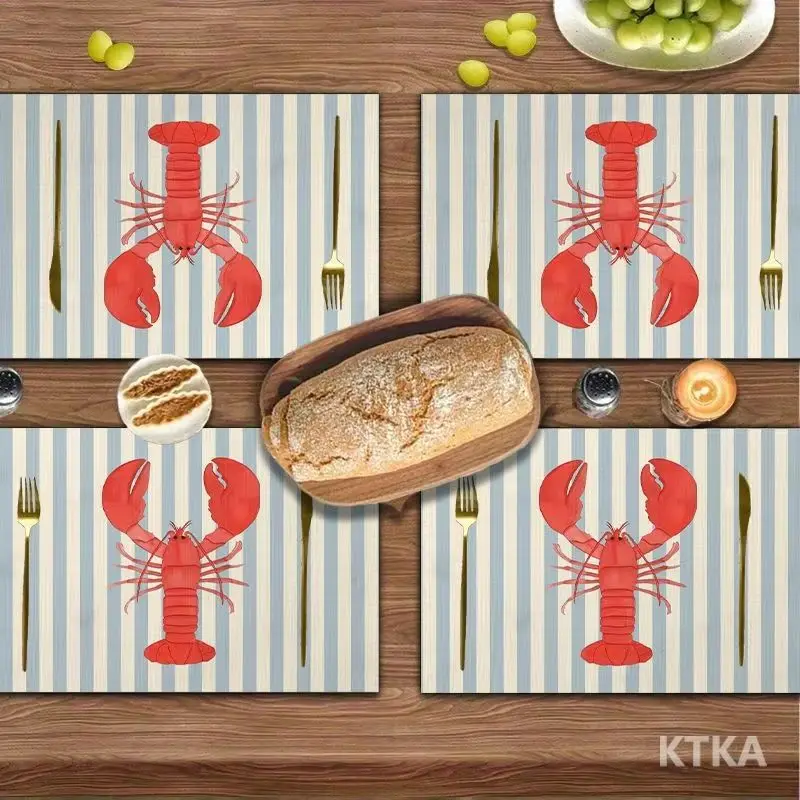 VIKAMA 2/4/6pcs Striped Red Lobster Printed Placemats Washable Heat Resistant Table Mats Summer Dining Home Decor
