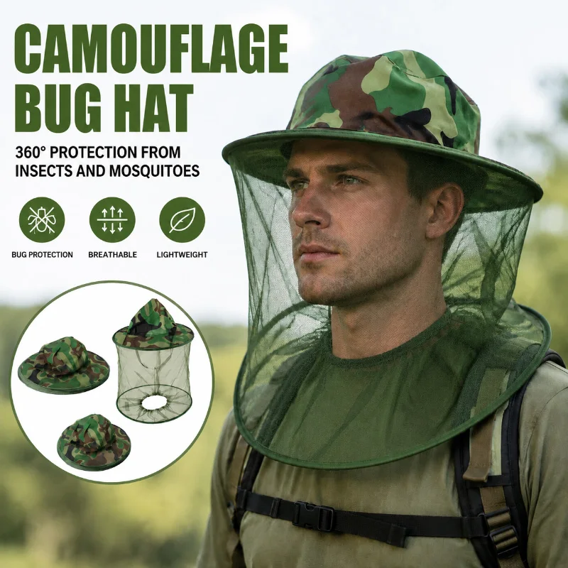 Camuflagem apicultura protetora abelha chapéu inseto malha rosto chapéu anti-mosquito xale chapéu de pesca ao ar livre máscara facial chapéu