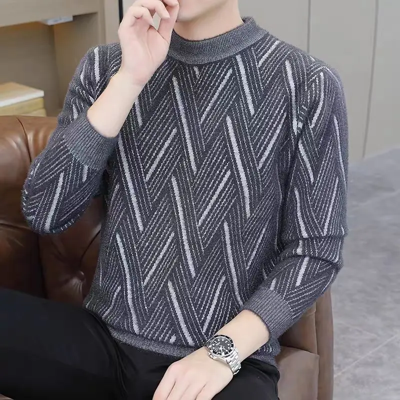 Boyfriend Half High Collar Striped Contrast Color Men's Screw Thread Flocking Pullover Long Sleeve Sweater Knitted Tops JJ921
