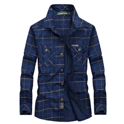 New Spring Men Multi pockets Military Outdoor Tooling Shirts Male Plaid Casual Shirts Quality Man Cotton Long-sleeved Shirts 3XL
