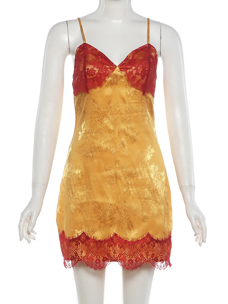 Weird Puss Kleid mit dezentem Muster, Damen, tief ausgeschnitten, ärmellos, Patchwork-Spitze, Reißverschluss, rückenfrei, Party, Mini, figurbetont – Detail 3