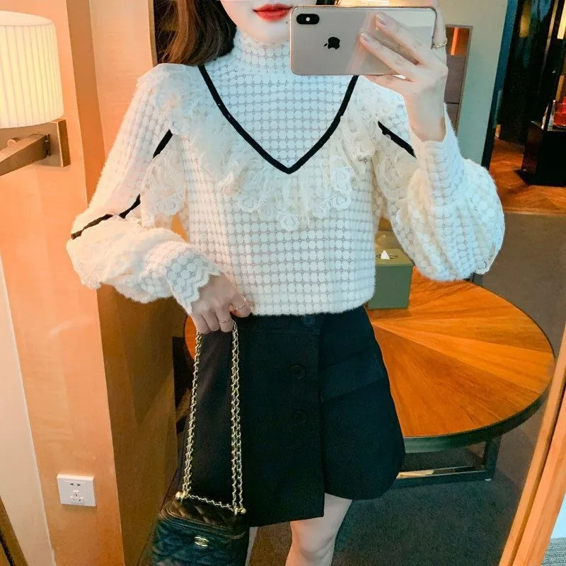 Fleece Lined High Neck Ruffle Blouse Women Autumn Winter Bell Sleeve Lace Elegant Warm Top S-6XL view 4