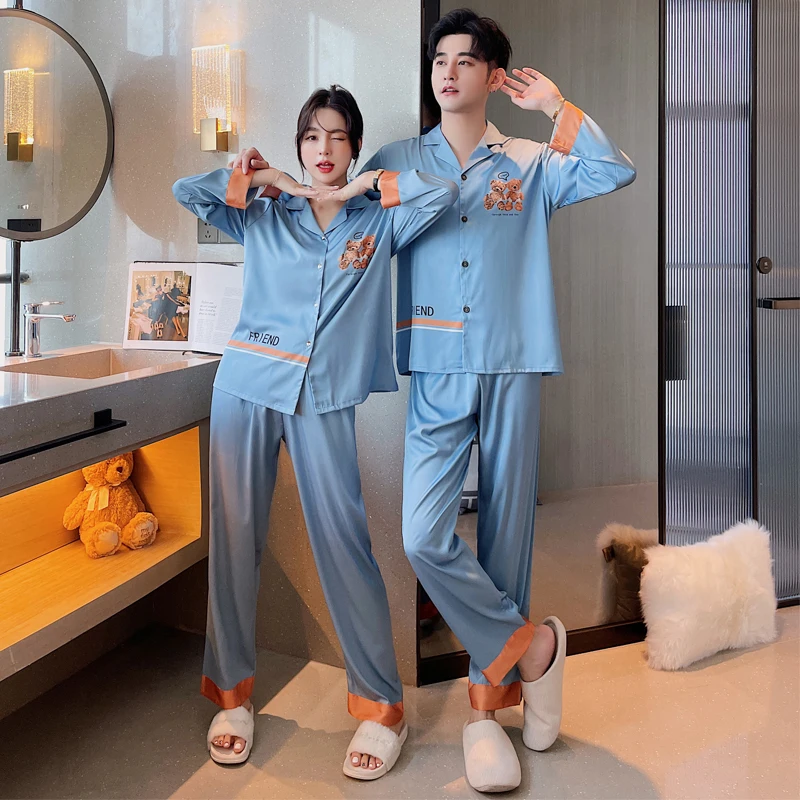 Autumn new design Couple pajamas ice silk men's long sleeve cartoon print cute women's sleepwear