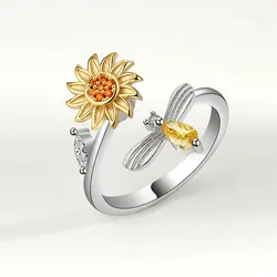 Rotating Spinner Sunflower Rings For Women Men Stainless Steel Open Adjustable Anxiety Ring Fidget Jewelry Best Gift For Her