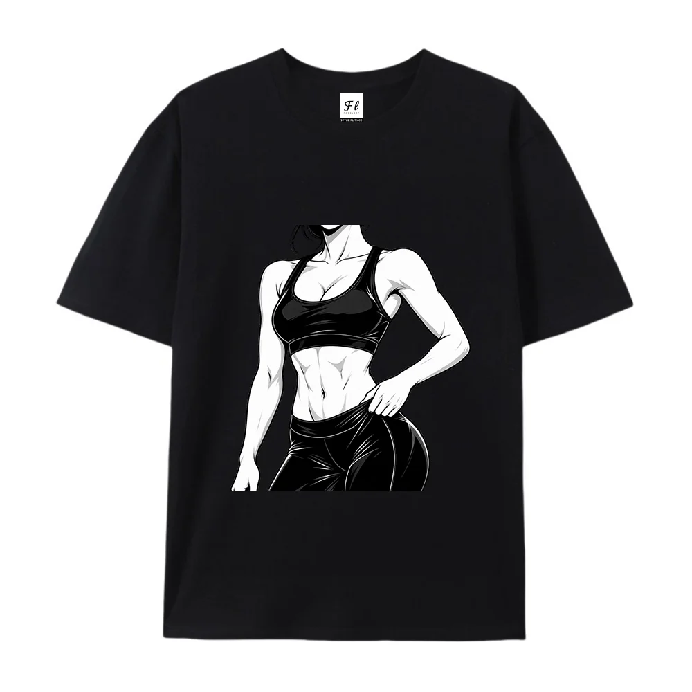 Funny Fit Woman Muscle T Shirt Fake Abs Fitness Bikini Body Graphic Tees White Oversized Cotton Short Sleeve Tops