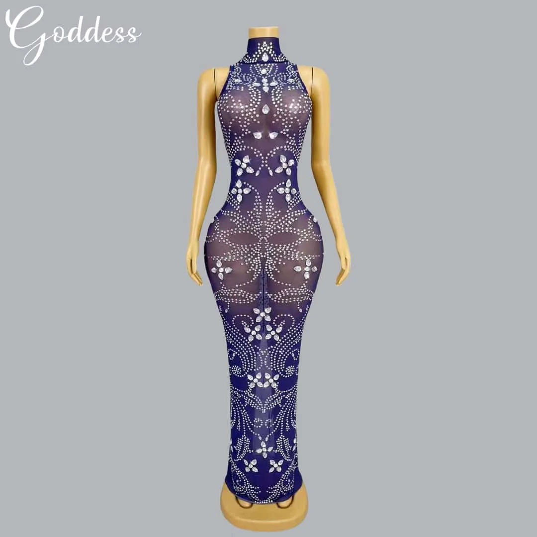 

Sparkling Rhinestone Sexy Performance Dress Blue Chiffon Dress Women's Club Birthday Party Elegant Gorgeous High End Party Dress