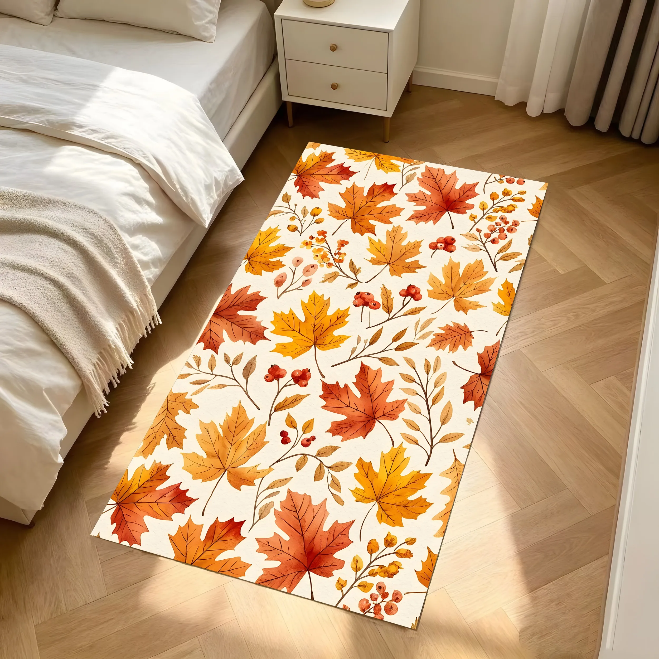 Velvet Watercolor Maple Leaf Berry Autumn Warm 2D Carpet, Suitable for Living Room and Bedroom, Creates a Healing Autumn and Winter Atmosphere