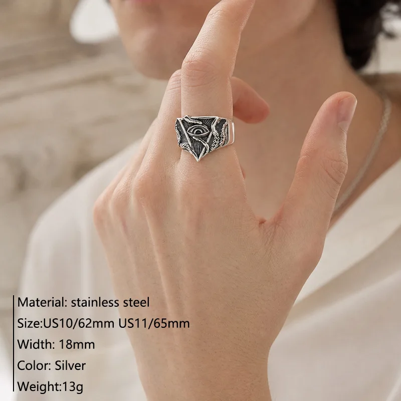 Wide Men All‑Seeing Eye Signet Ring Stainless Steel Triangle Eye Octopus Tentacle Pattern Ring Punk Gothic Finger Ring