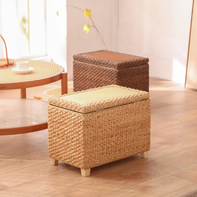 Woven Rattan Storage Bench Solid Wood Entryway Shoe Storage Ottoman Long Narrow Hallway Seat Multi-Functional Shoe Stools