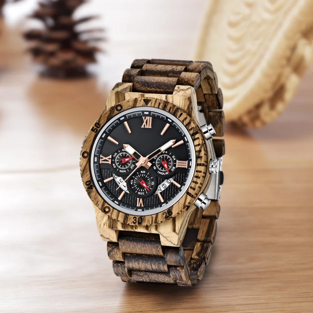 

Многофункциональные деревянные мужские часы с 3 глазами и 6 стрелками, хронограф для отдыха, простой ремешок, кварцевые наручные часы