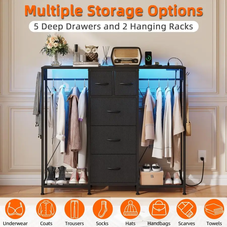 Kommode mit 2 Hängeregestellen, 5 Schubladen, Kommode mit LED-Leuchten und Ladestation, Kommoden mit Kleiderständer, Schuhregale und