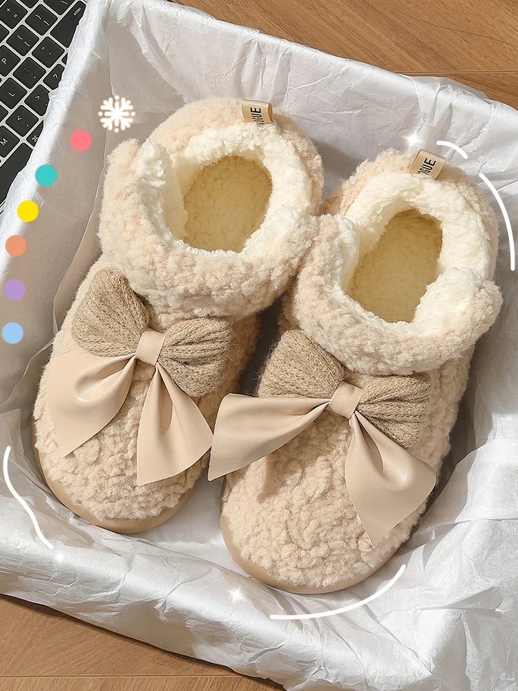

Women's Winter High-Top Cotton Slippers Fce-Lined Thi Boted with Bow Cute Plu Warm oes for Indoor And Outdoor Use