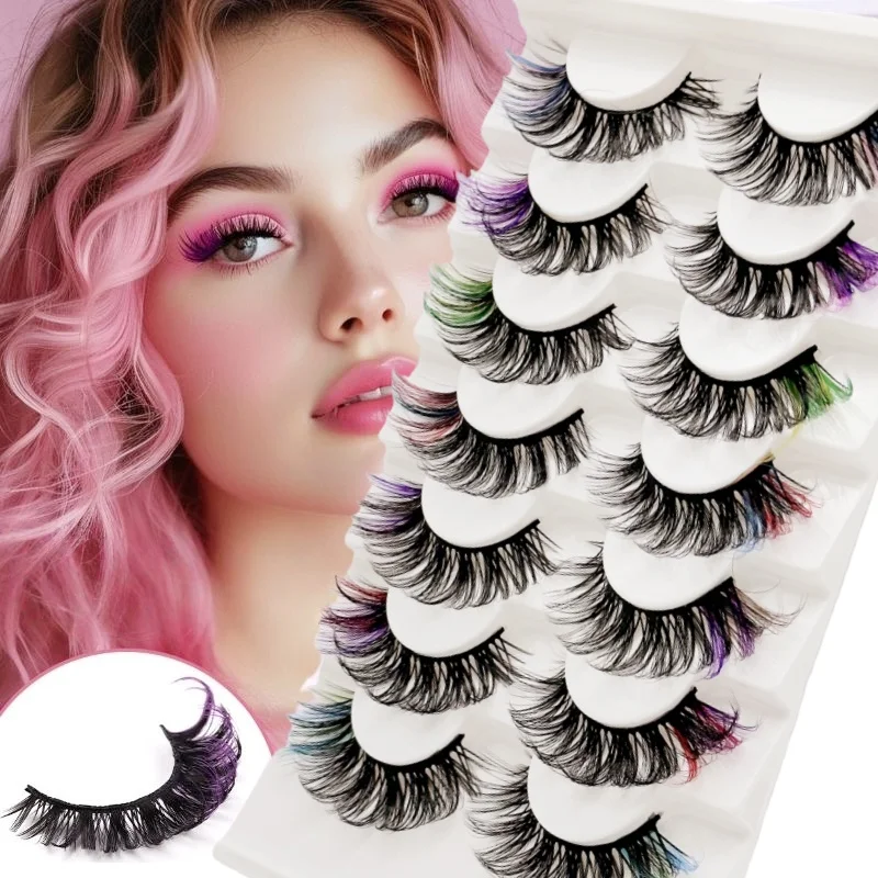 7 Pares de Pestañas Postizas Coloridas - Rizo Ruso en Longitudes Variadas, Gruesas y Finas, Mezcla Multicolor para Look de Ojo d