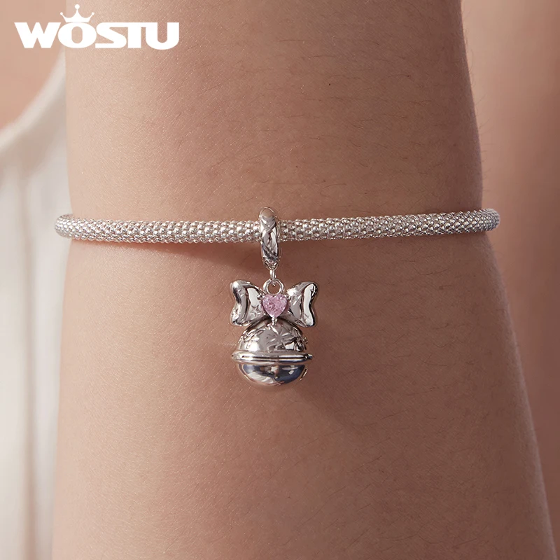 WOSTU White Gold Plate DIY Charms Pink Bow Bell Pendant Heart Rainbow Crystal Beads Fit Original Bracelet Necklace Wholesale