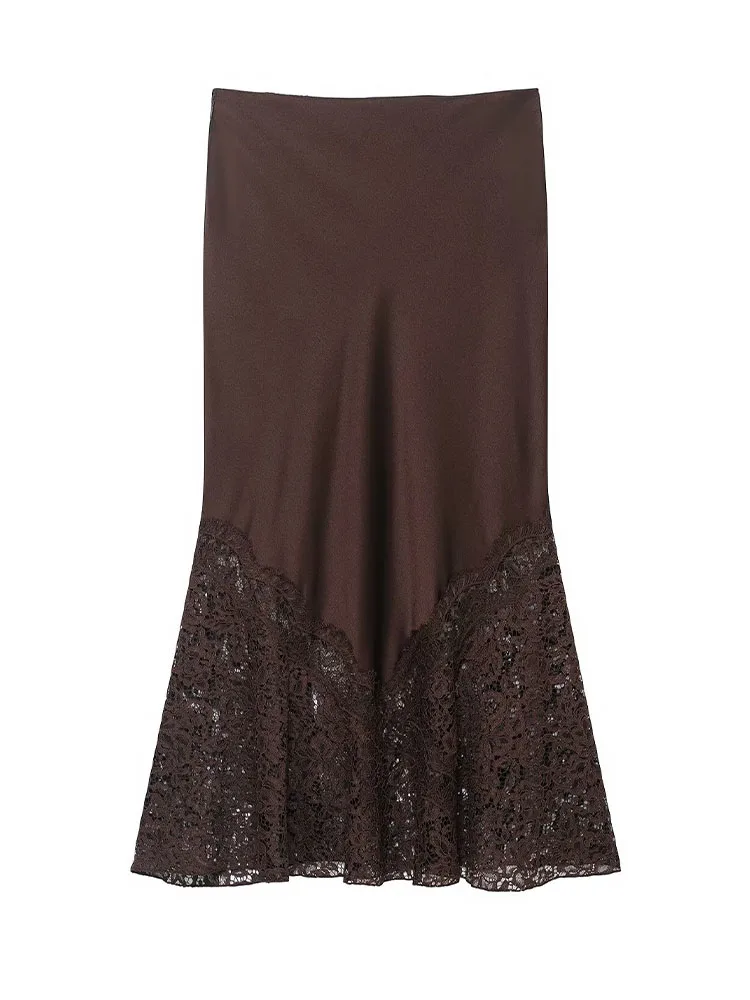 HH Women 2025 Fashion Retro Versatile Solid Hem Slit Lace Silk Satin Skirt Female Elegant Banquet Slim Zipper Ankle-length Skirt