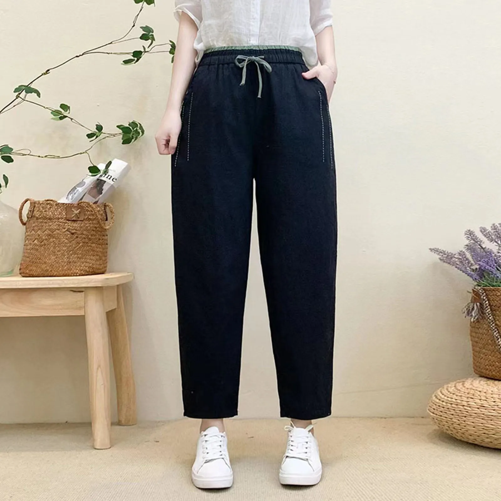 

Women's Summer Fashion Washed Cotton And Linen Carrot Pants Casual Loose Large Size Trouser Pants for Women Business Casual