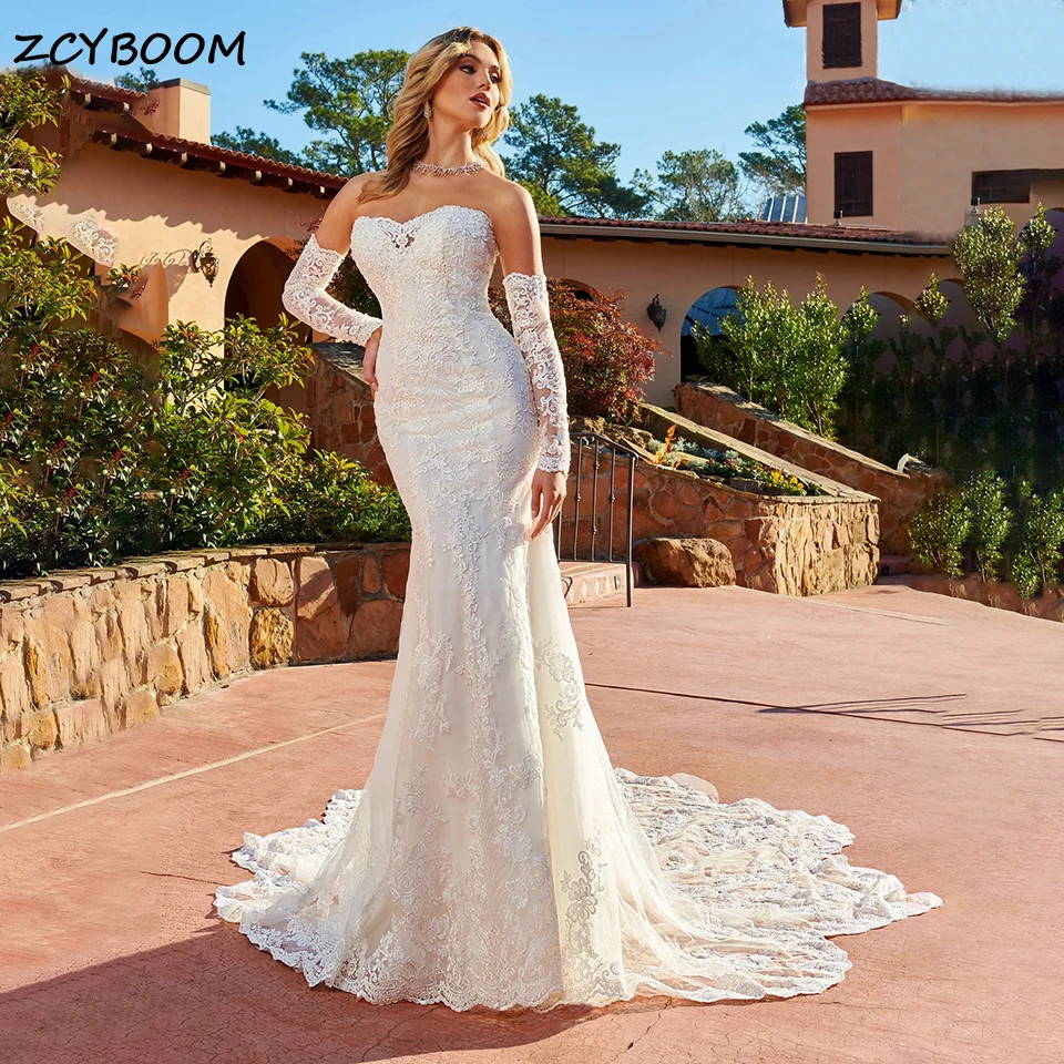 

Сексуальные свадебные платья-русалки цвета слоновой кости без бретелек с кружевными аппликациями, 2026, с вырезом «сердечко», без спинки, со шлейфом, для невесты, Vestidos De Novia