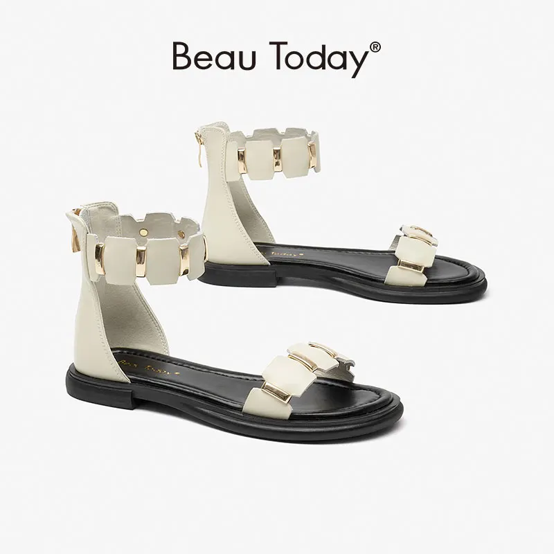 BeauToday Flats Sandals Women Open Toe Mid-Calf Length Cover Heel Slip On Metal Decoration Casual Summer Ladies Shoes 32394