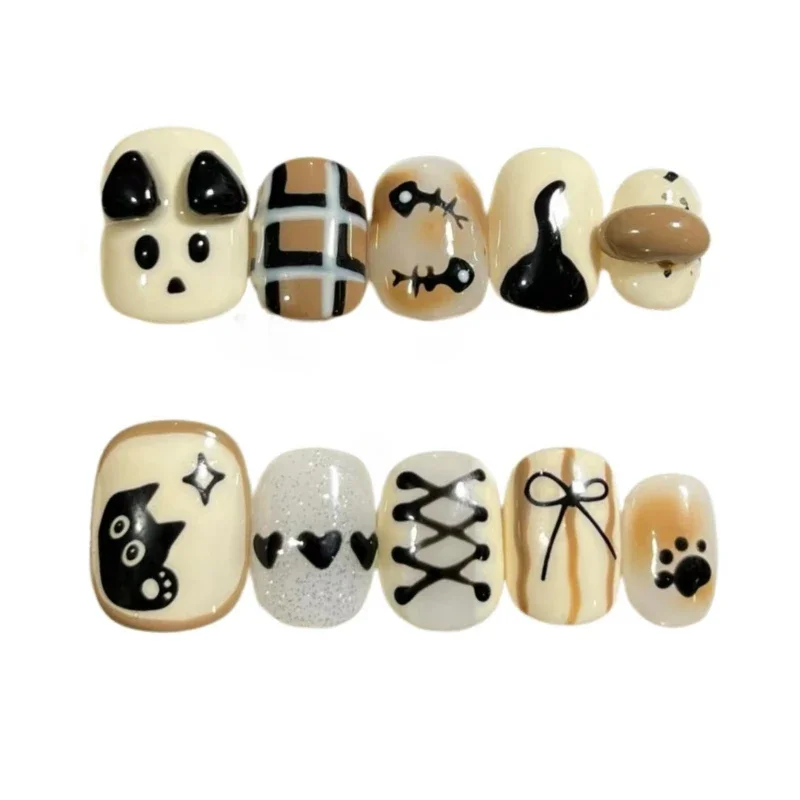 10 Pieces Autumn and Winter Handmade Press On Nails Warm Khaki Black Cat Fishbone Bow Short Wearable Removable False Nails