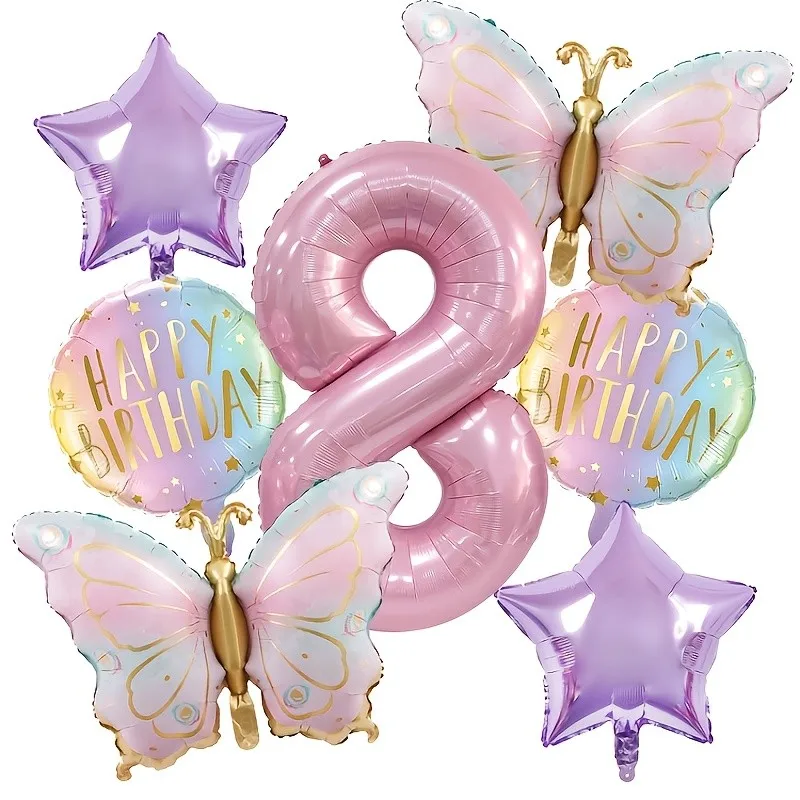 7-teiliges Kombinationsset mit rosa Schmetterlings- und Zahlenballons – perfekt für Geburtstagsfeiern, Kinderpartys und Babypartys
