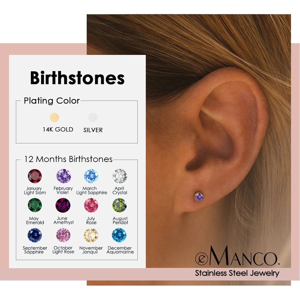 eManco 316 Stainless Steel Birthstone Earrings Pierced Gold Push-Pull Earrings Simple Fashion Ladies Holiday Party Gifts