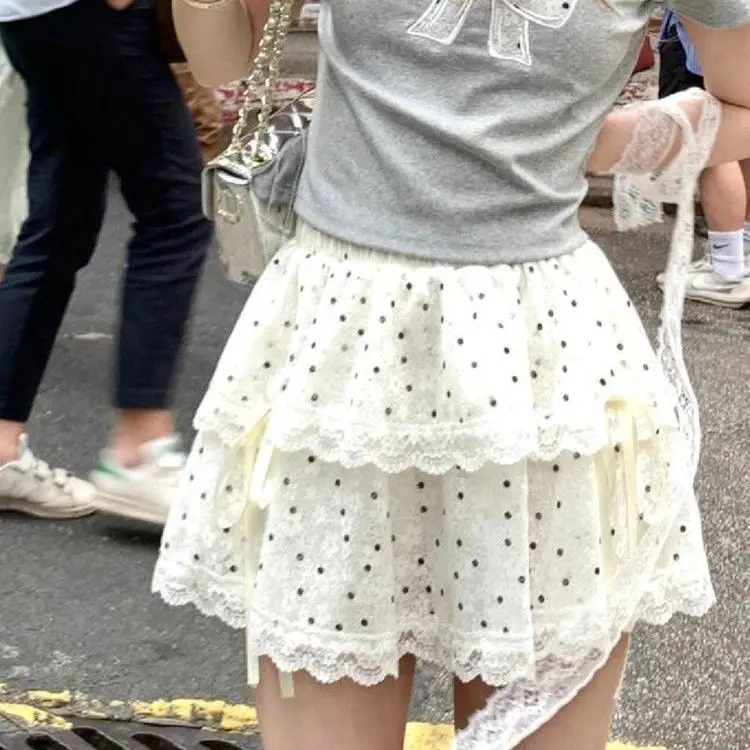 Summer New High Waist Polka Dot Half Skirt with Bow Tie Layered Lace Trim  Splice Cake Skirt Korean Style Commute