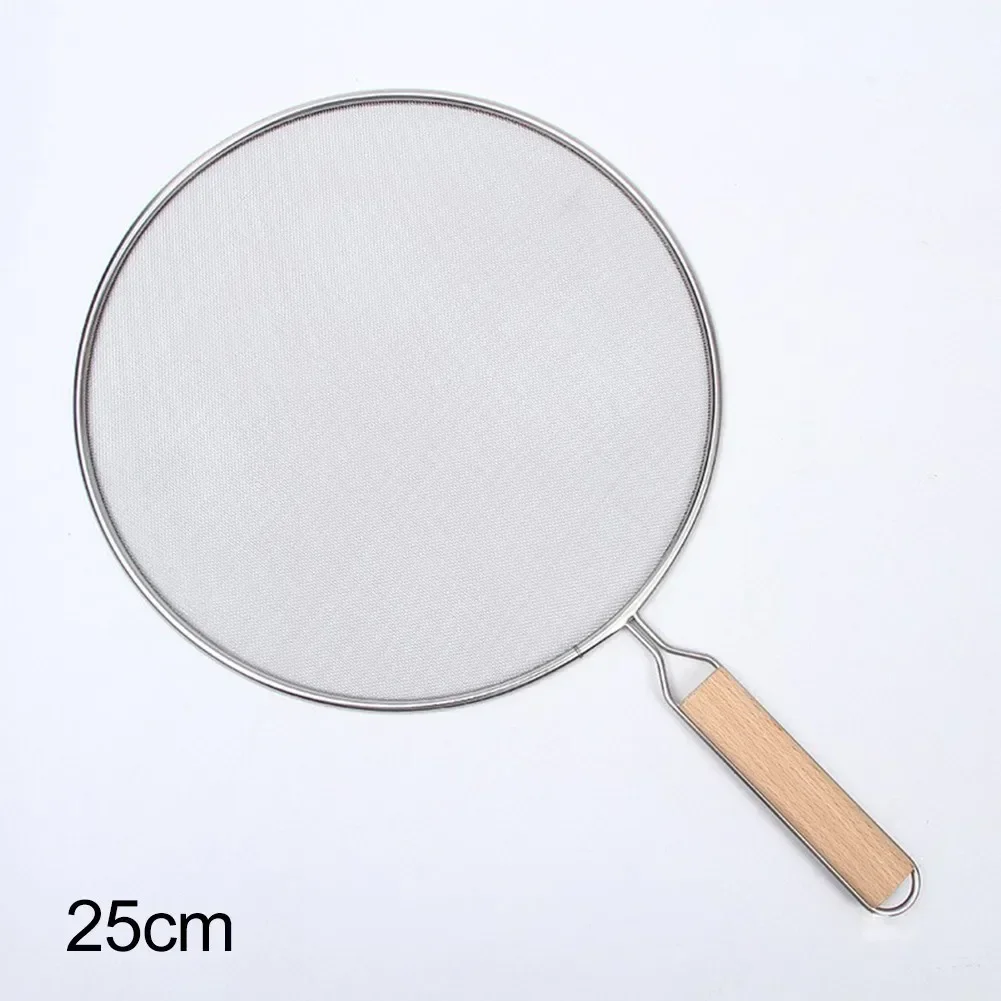 21-33CM Stainless Steel Oil Splatter Screen Frying Pan Mesh Guard Kitchen Cooking Tools Multi-purpose Filter Net Wood Handle