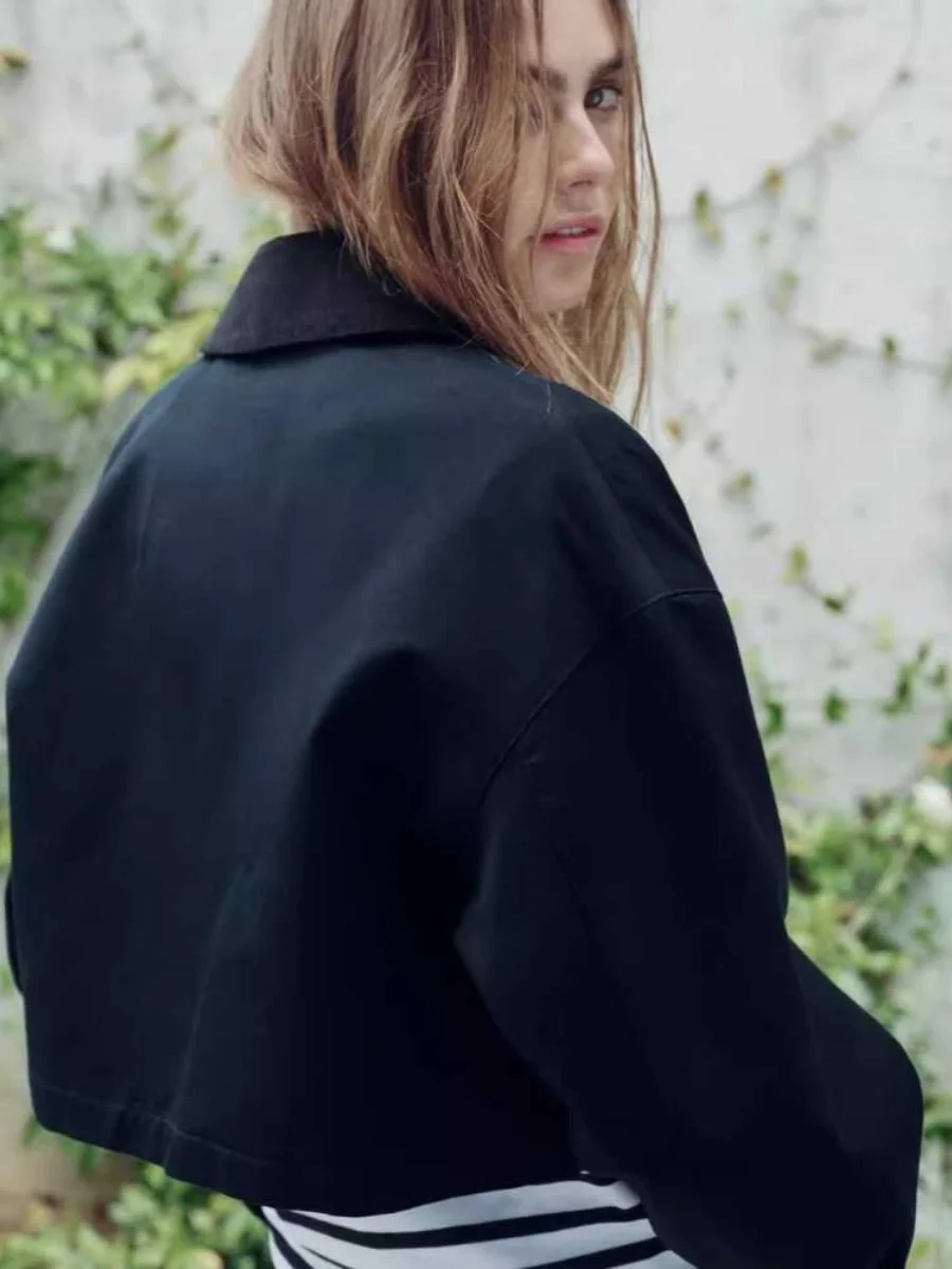 

Spring Autumn American Sle Women's Cotton Long Sve Printed Corduroy Collar Jaet Outerwear Casual Loose Fit Zipper Closure