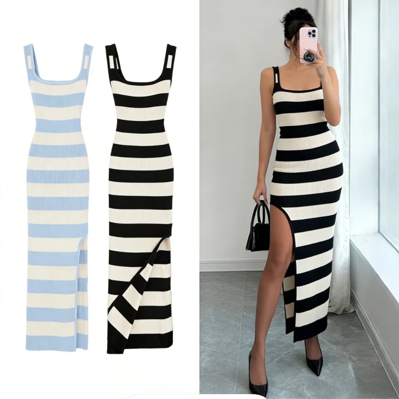 Women's Sleeveless Knit Maxi Dress Striped Bodycon Long Dress High Side Slit Casual Evening Party Stretchy Pencil Ribbed Dress