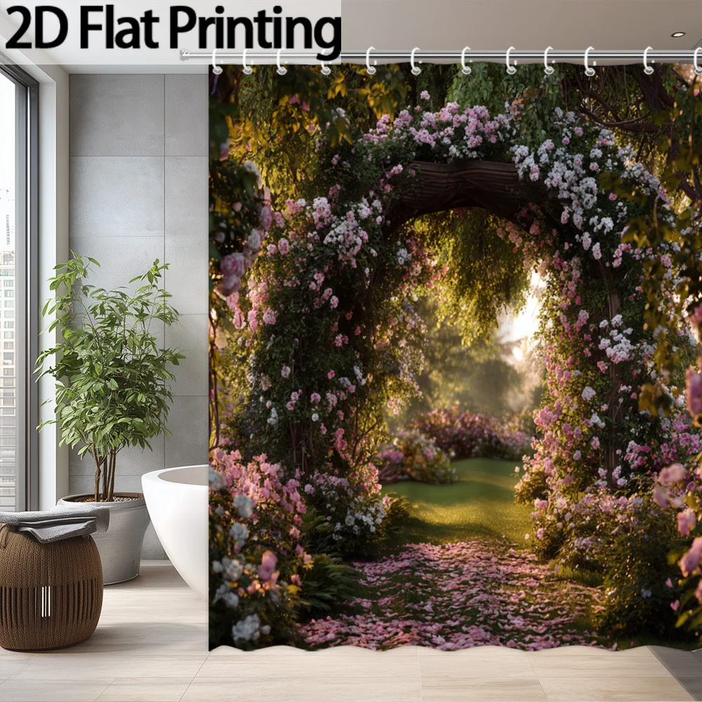 Realistic Floral Garden Arch Shower Curtain Waterproof Bathroom Shower Curtain Curtain for Home Decor