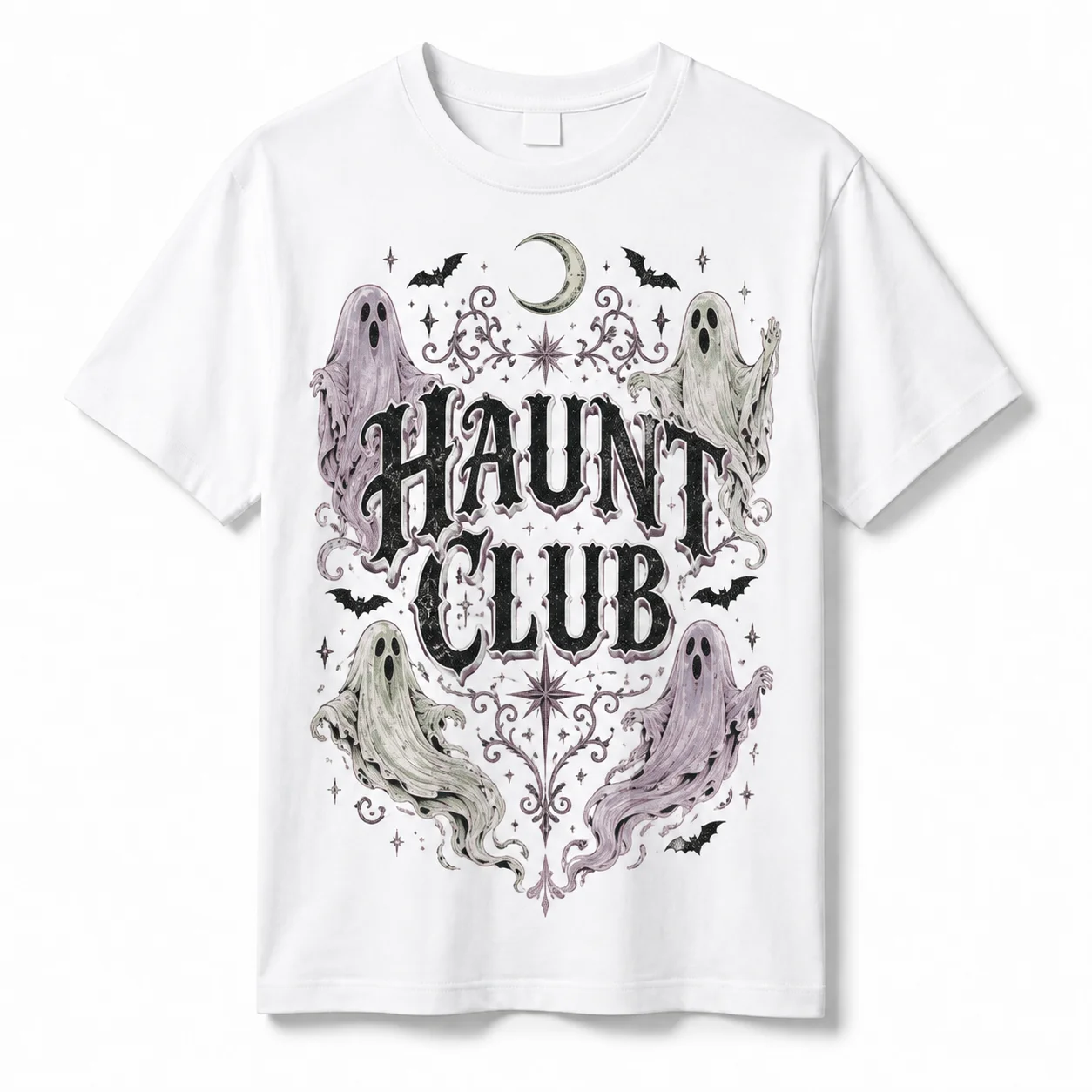 100% Cotton Soft Breathable Haunt Club Vintage Ghost Print Women T‑Shirt For Halloween Party Gothic Casual Wear
