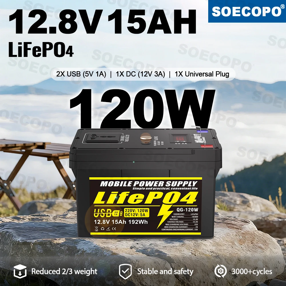 

SOECOPO 12V 15Ah 220v Power Bank Portable LiFePO₄ Battery With A Universal Socket DC Connector and 2 X USB Emergency for RV