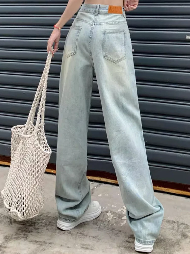 Woman American Retro Washed High Waist Loose Straight Leg Jeans Lady Light Blue Fashion Student Straight Leg Trousers Large Size