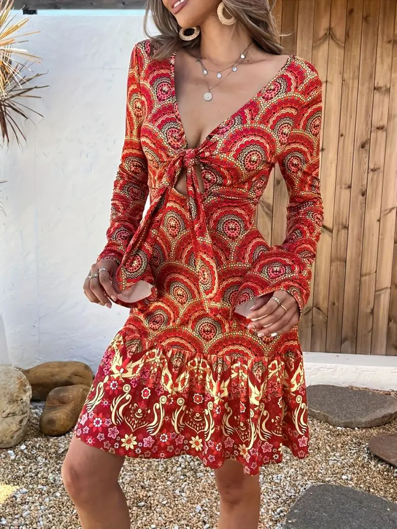 Vintage Ethnic Print V-neck Flared Sleeve Ruffle Edge Short Dress for Women Casual Maxi Dress Summer Fashion