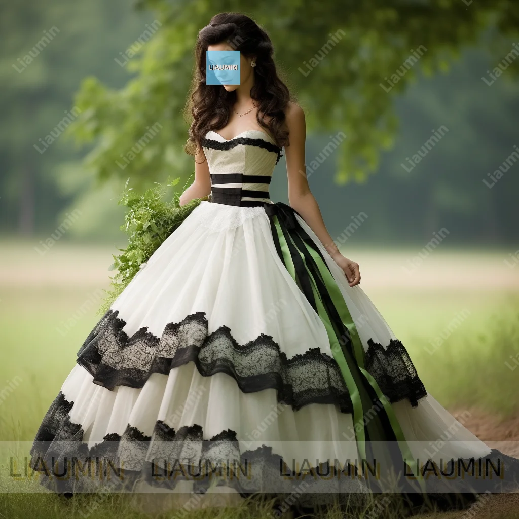 

White Tulle Black Strapless Ball Gown Prom Formal Occasion Wedding Dresses Evening Lace-Up Back Customized Hand Made A8.2.26