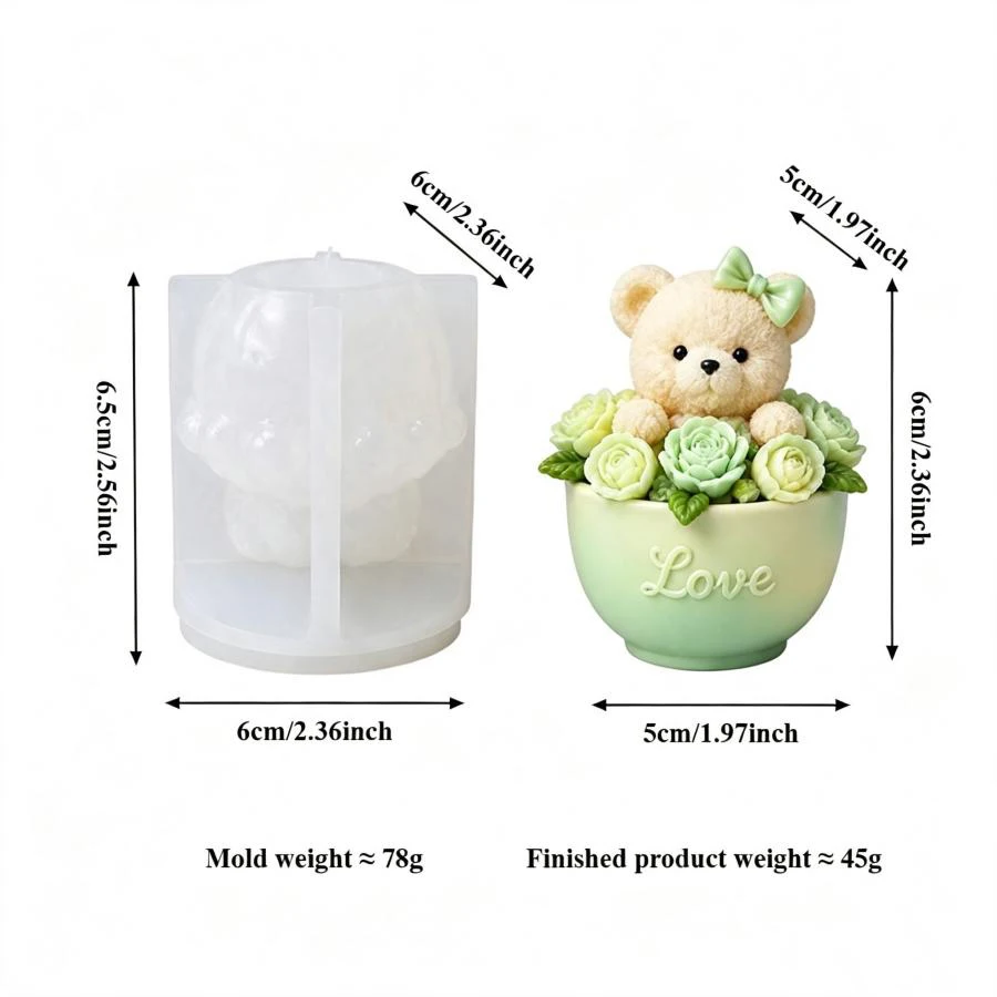 3D Niedliche Rosenblüten-Bären-Silikonform für Kerzen, DIY Bären- und Blumenförmige Kerzen-Gips-Seifen-Handwerksform, Valentinstagsgeschenk – Detail 8