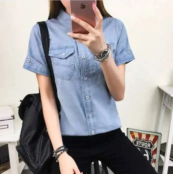#0118 2025 Summer Cotton Denim Shirt Women Short Sleeve Slim Fit Preppy Style Casual Jeans Shirt Ladies Basic Blouse Shirt Slim