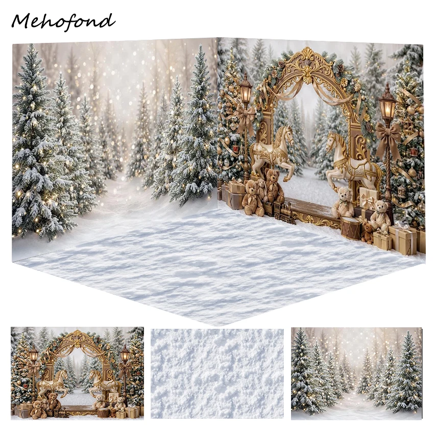 Mehofond Winter Fairy Tale Carousel Photography Arched Door Golden Bow Gift Box Kid's Birthday Background Festival Photo Studio
